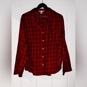 Victoria Secret Metallic Red Plaid Flannel PJ‎ 2PC Pajama Set Women L Lounging
